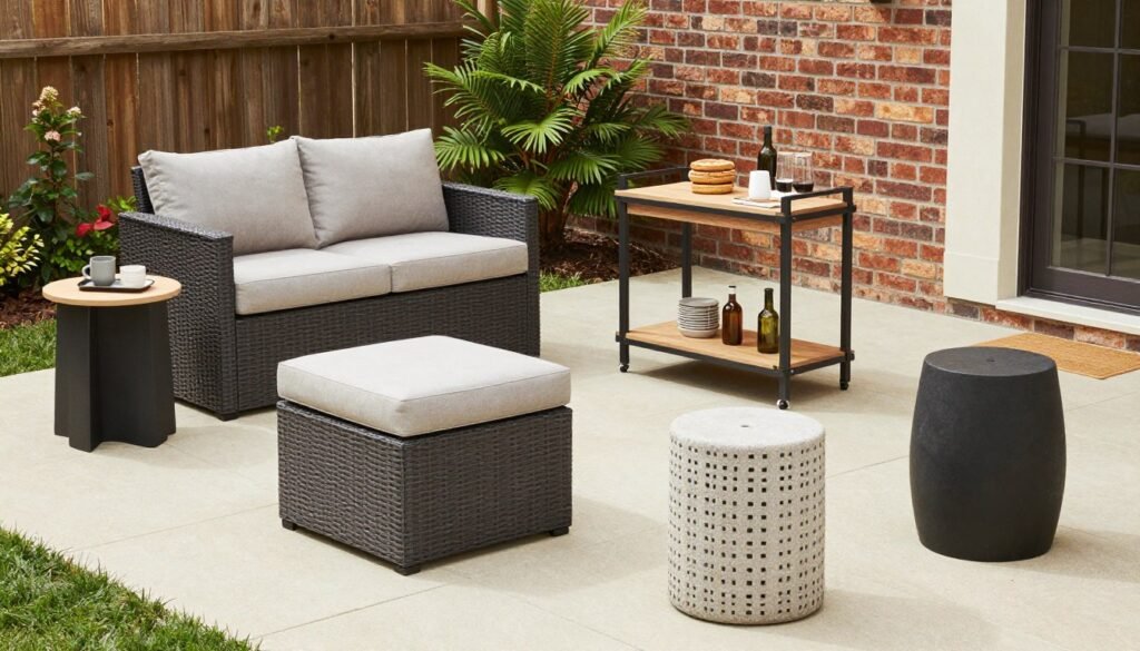Backyard patio with a mix of functional accent pieces including side tables, ottomans, and a stylish bar cart for entertaining
