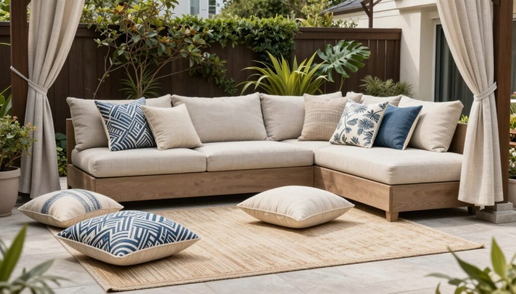 Backyard patio with colorful outdoor cushions, throw pillows, and an outdoor rug creating a comfortable, stylish outdoor living space