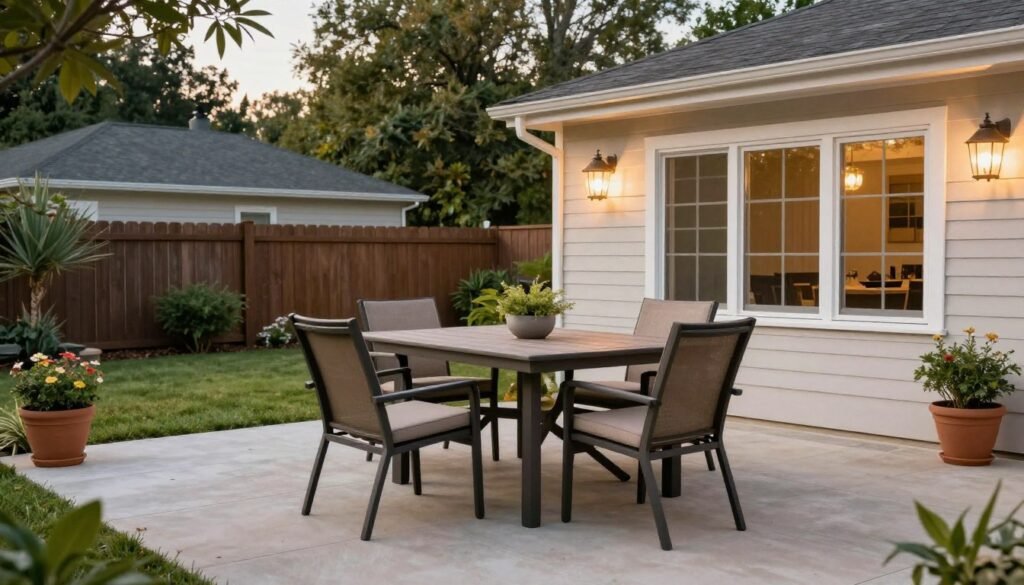 Backyard patio with dining-centered layout featuring a large table with chairs and ambient lighting