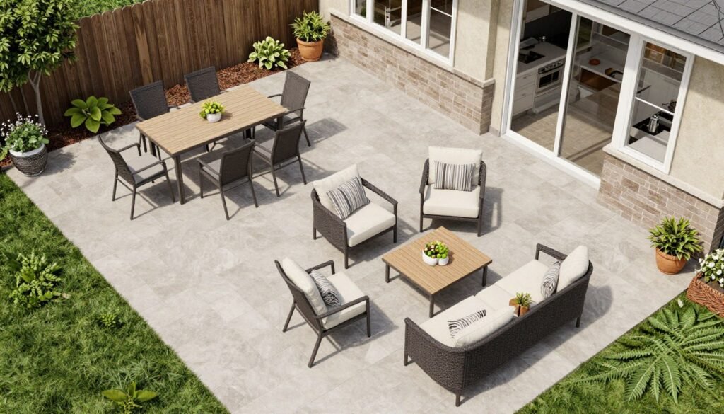 Backyard patio with distinct zones for dining, lounging, and cooking