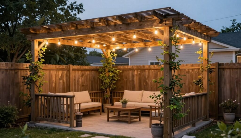 Backyard patio with pergola providing partial shade and string lights for evening ambiance