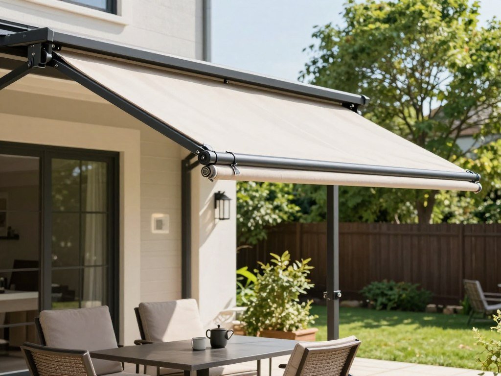 Backyard patio with retractable canopy providing adjustable shade for different weather conditions