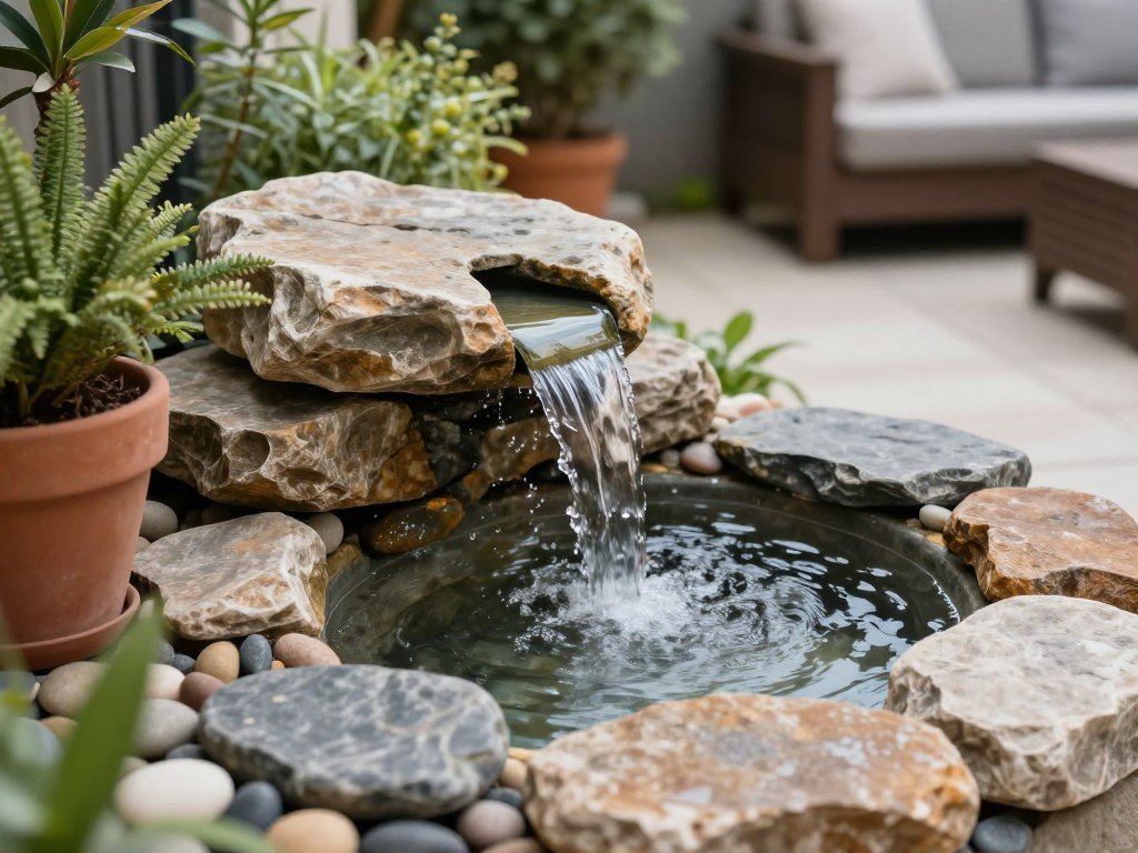 Backyard patio with small water feature creating a tranquil atmosphere with the sound of flowing water