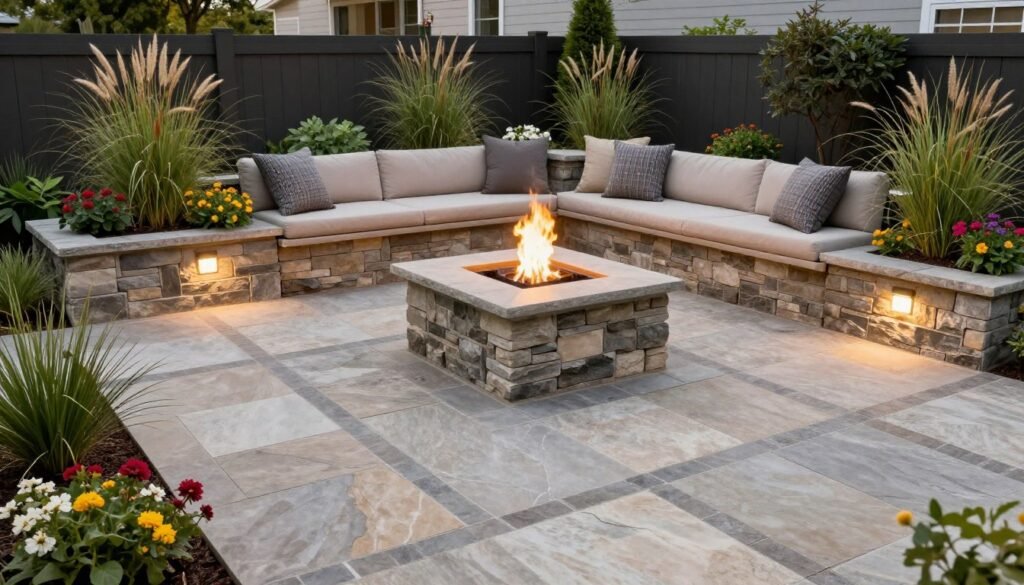 Backyard patio with stone pavers, built-in seating, and integrated landscaping