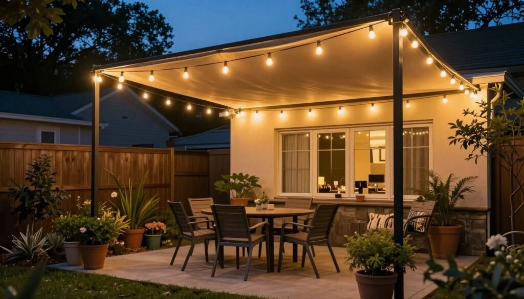 Backyard patio with string light canopy overhead creating ambient evening lighting