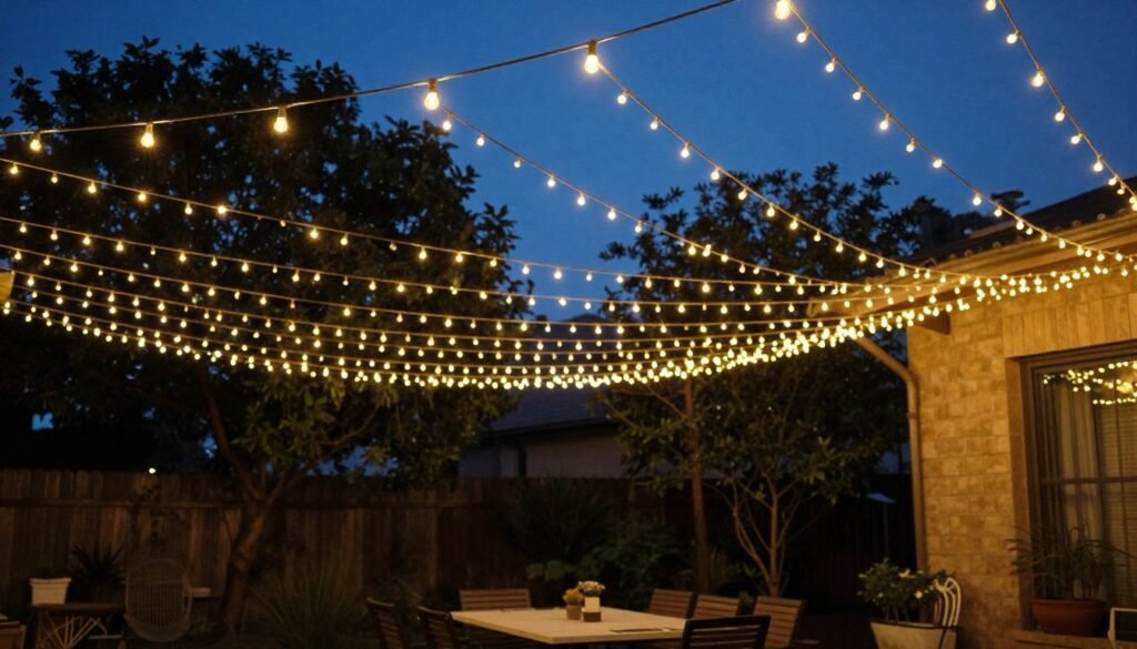 Backyard patio with string lights creating a magical canopy overhead