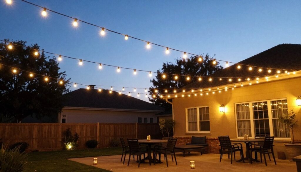 Backyard patio with string lights creating an overhead canopy for evening ambiance