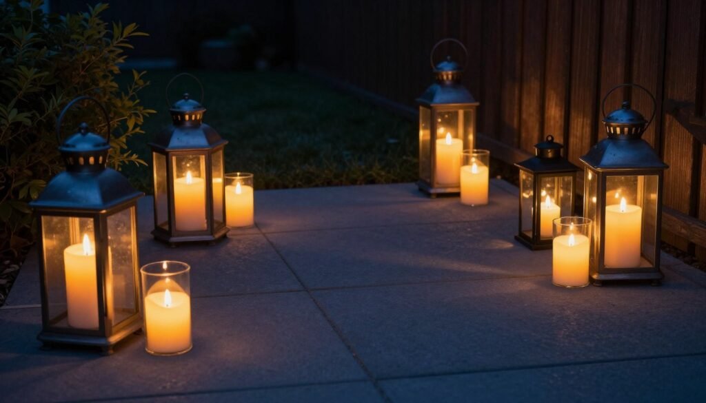 Backyard patio with various lanterns and candle holders creating soft light