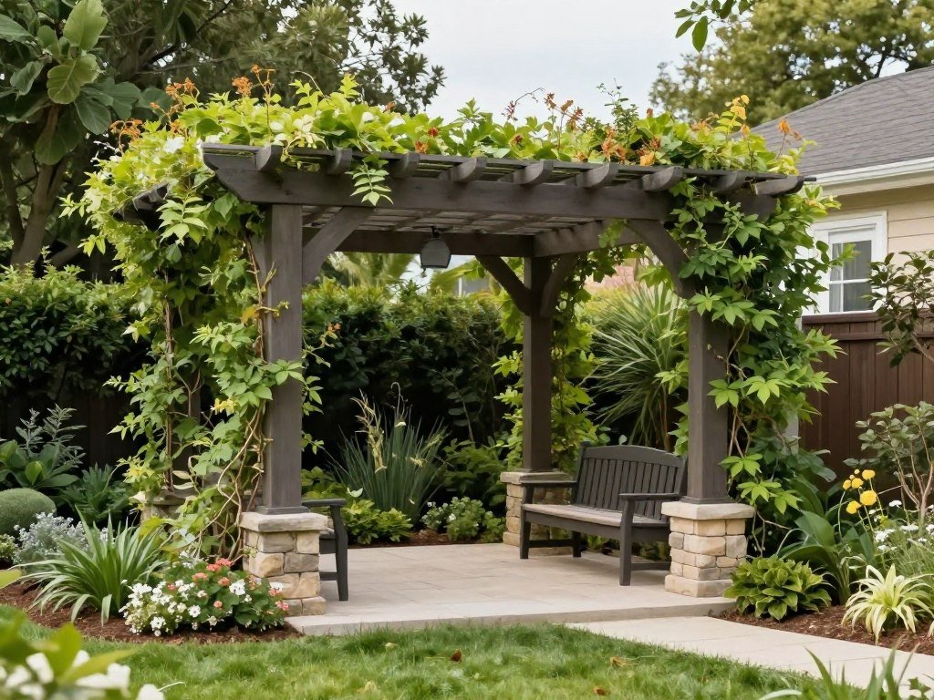 Backyard pavilion adding architectural interest to garden landscape