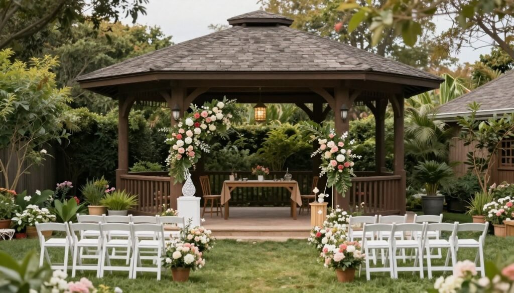 Backyard pavilion set up for a garden ceremony with flowers and seating