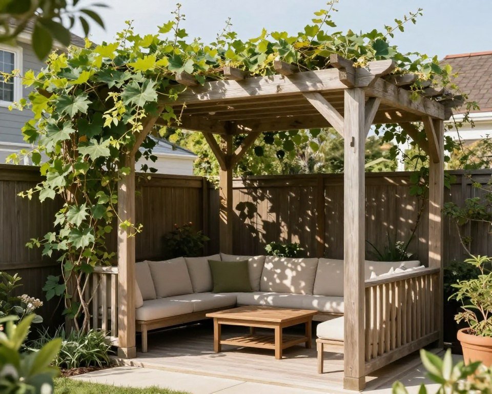 Backyard pergola with climbing plants providing dappled shade Backyard pergola with climbing plants providing dappled shade