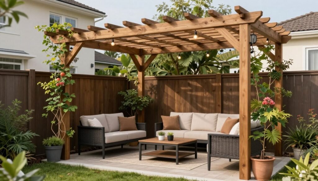 Backyard pergola with comfortable seating, climbing plants, and string lights