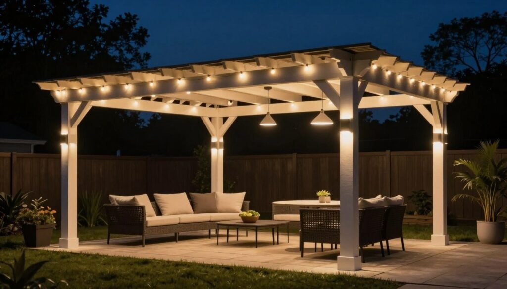 Backyard pergola with integrated lighting creating a defined outdoor room