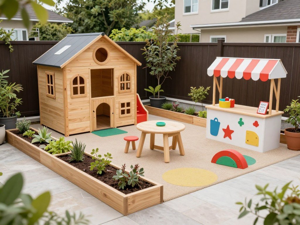 Backyard play area for kids with playhouse, market stand, and creative play zones
