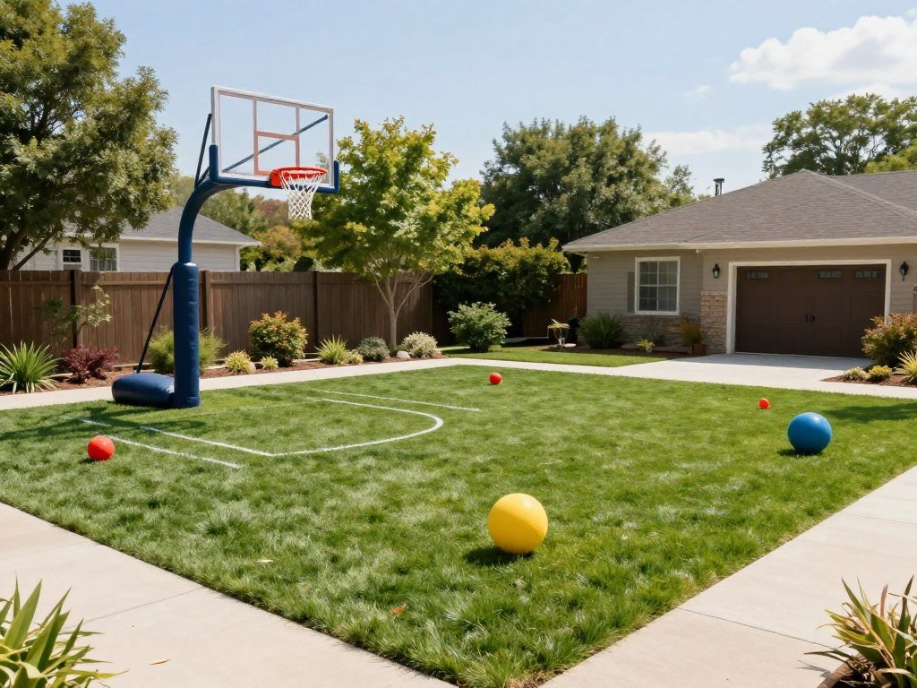 Backyard play area for kids with sports equipment, mini basketball hoop, and open space