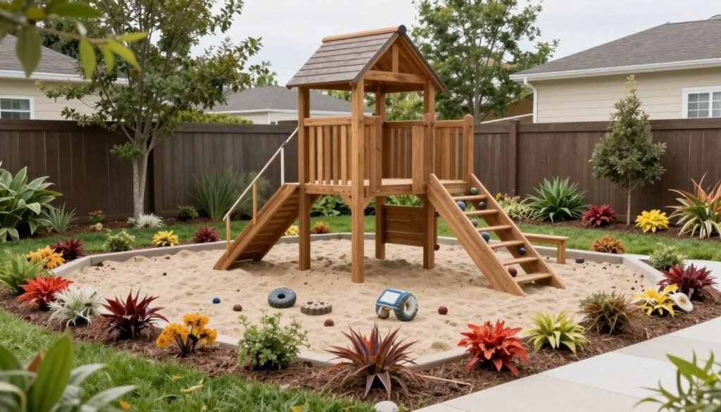 Backyard play area with wooden play structure, sandbox, and natural elements integrated into the landscape design