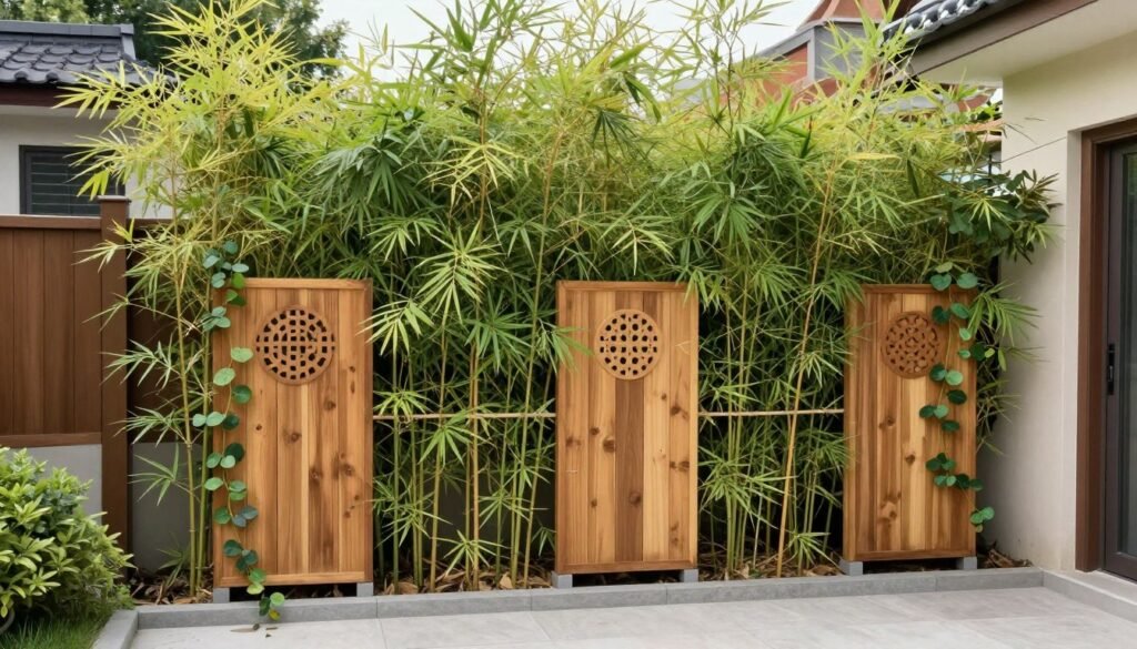 Backyard privacy screen created with bamboo plants, decorative panels, and climbing vines