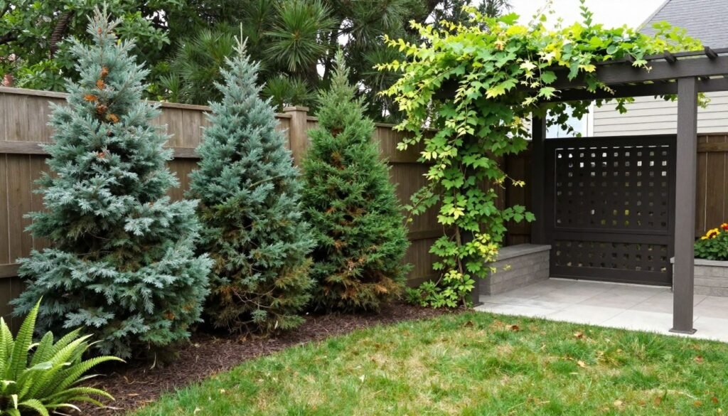 Backyard privacy solutions including fencing, plants, and screens for backyard makeover