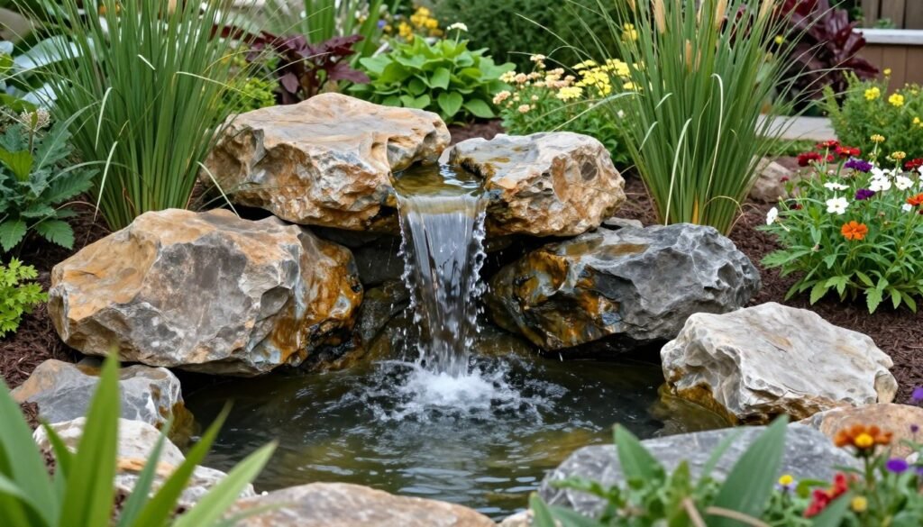 Backyard rock waterfall with pond surrounded by plants Backyard rock waterfall with pond surrounded by plants