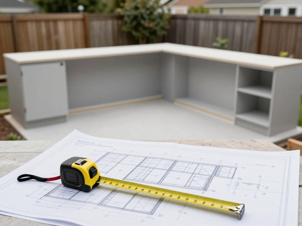 Backyard space being measured and planned for kitchen installation