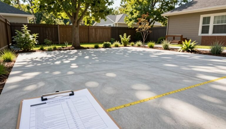 Backyard space with measurement markings and planning elements for dream backyard design