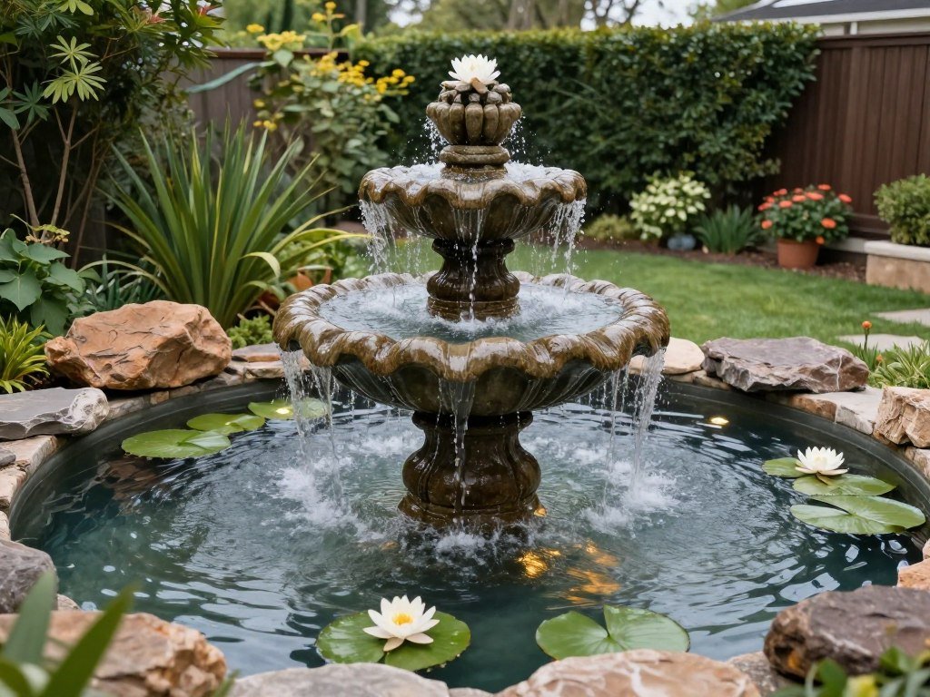 Backyard water feature serving as a focal point in the landscape design