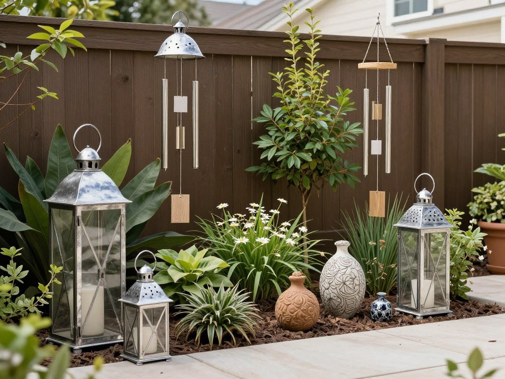 Backyard with decorative lanterns, wind chimes, and garden sculptures Backyard with decorative lanterns, wind chimes, and garden sculptures