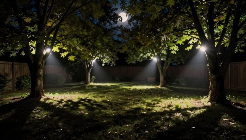 Backyard with downlights installed in trees creating a moonlight effect below