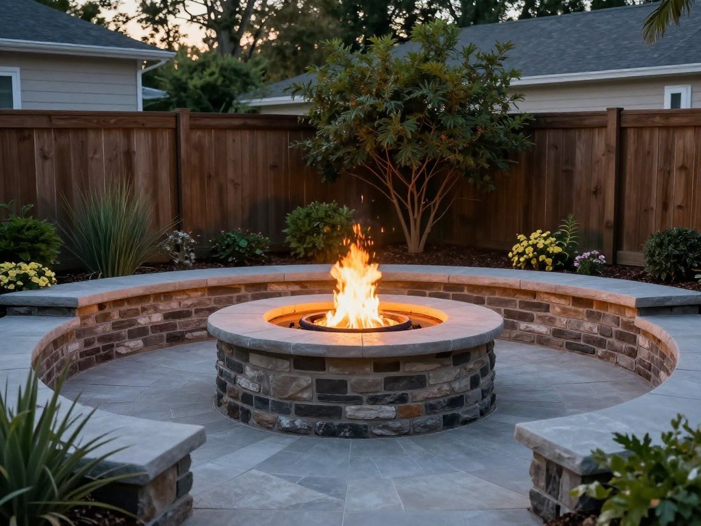 Backyard with fire pit as central focal point surrounded by seating