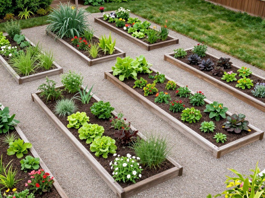 Backyard with organized raised garden beds filled with vegetables and flowers