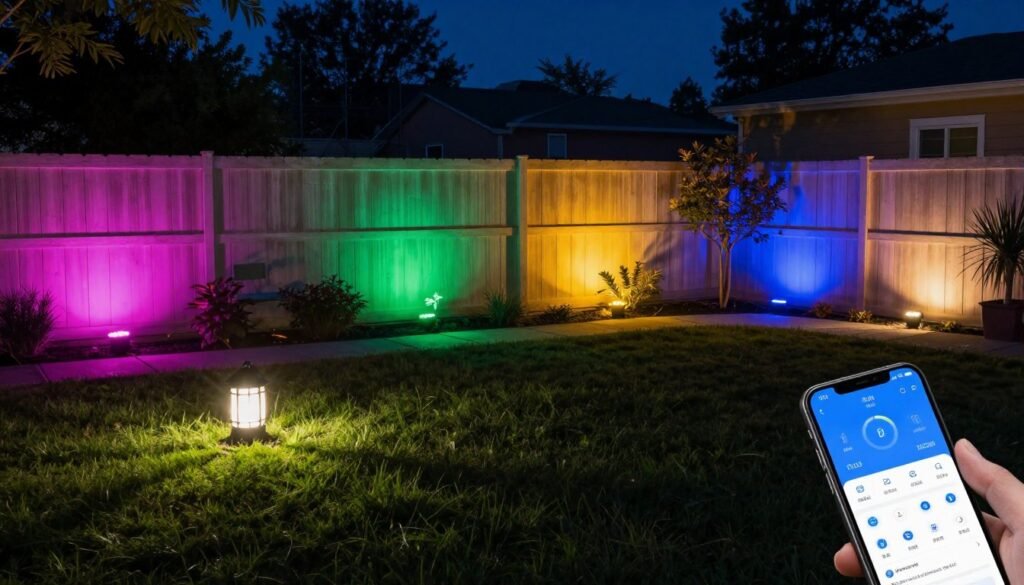 Backyard with smart lighting system showing different colored zones