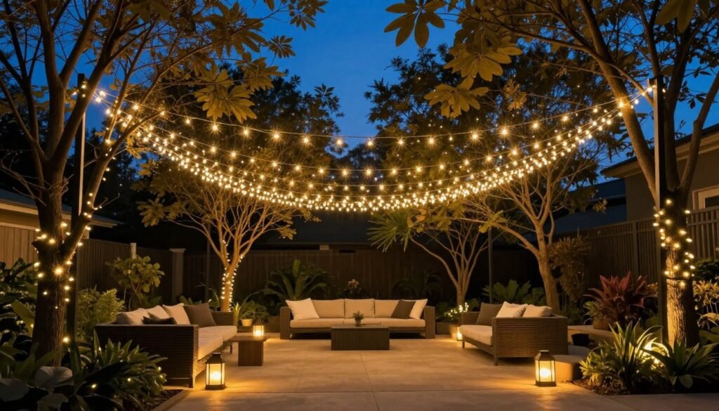 Backyard with string lights creating a magical evening atmosphere over a seating area