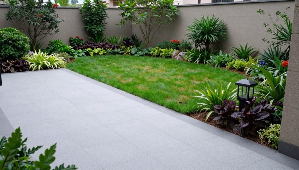 Balanced backyard landscaping designs layout showing harmony between hardscape and softscape