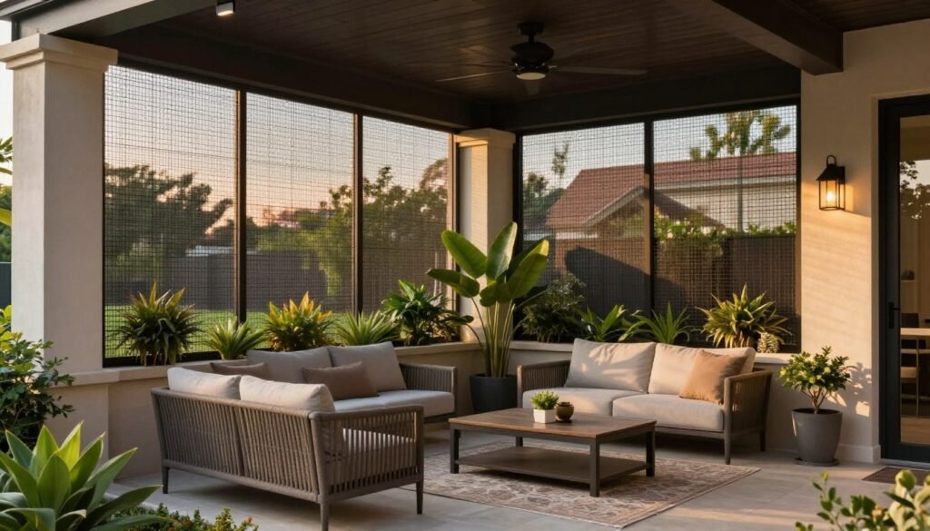 Balanced patio privacy design with partial screens allowing filtered views of surrounding landscape Balanced patio privacy design with partial screens allowing filtered views of surrounding landscape