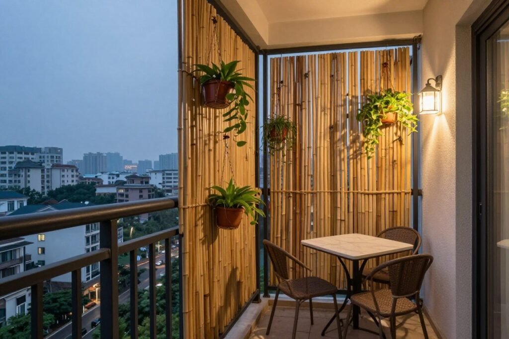 Balcony with railing-mounted privacy screen and hanging plants Balcony with railing-mounted privacy screen and hanging plants