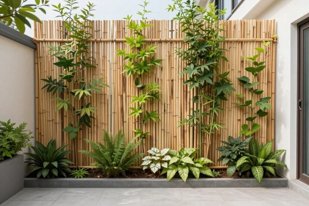 Bamboo privacy screen with climbing plants on a patio