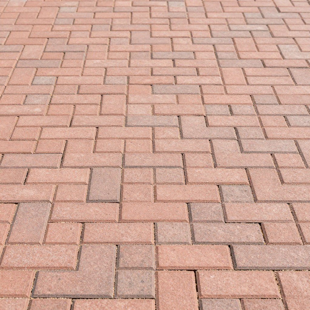 Basket weave pattern brick patio with potted plants