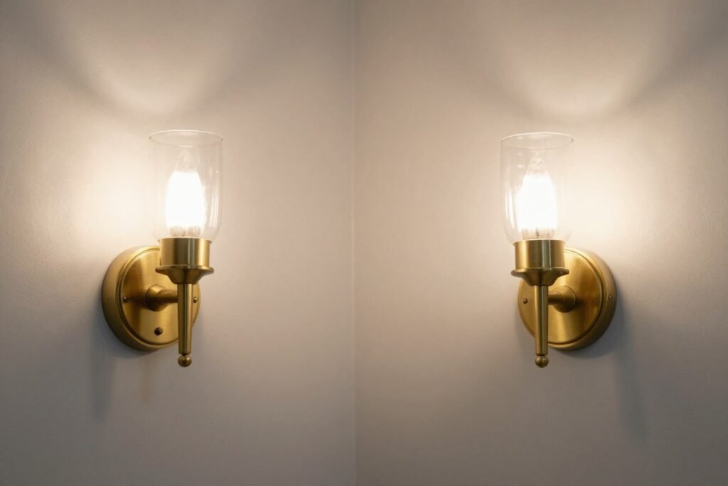 Bath vanity sconces mounted on either side of mirror