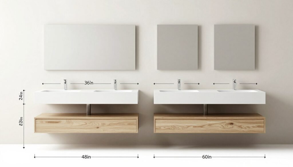 Bathroom layout showing different floating vanity size options with measurements