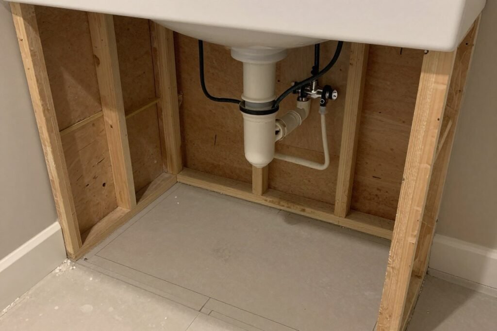 Bathroom renovation showing plumbing rough-in for vanity installation