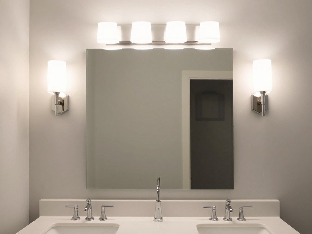 Bathroom showing proper proportional sizing between vanity mirror and lighting fixtures
