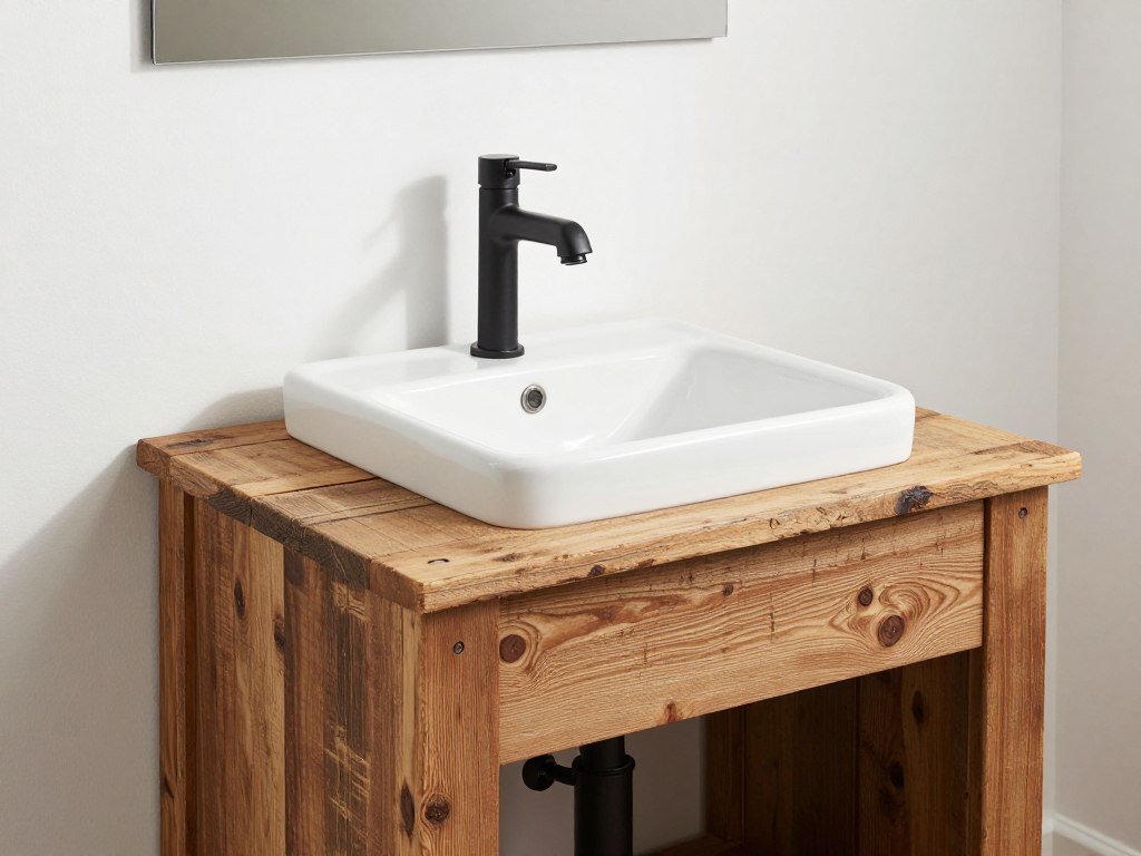 Bathroom vanity made from reclaimed barn wood with white vessel sink and industrial fixtures