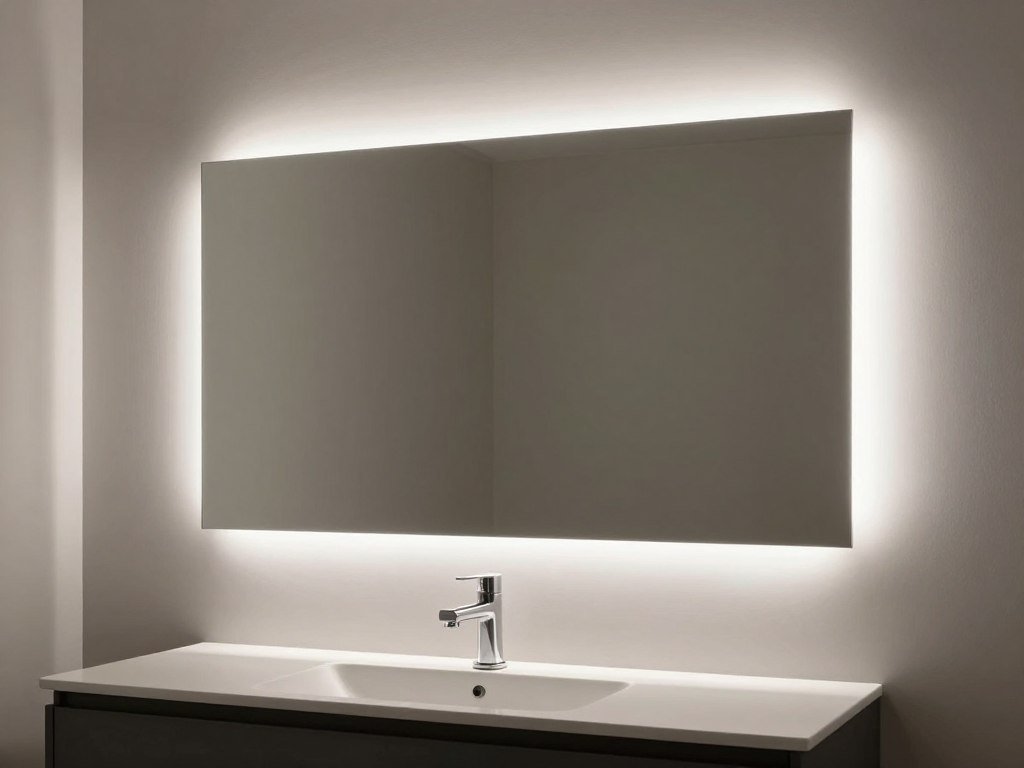 Bathroom vanity with LED backlit mirror providing even, glare-free illumination