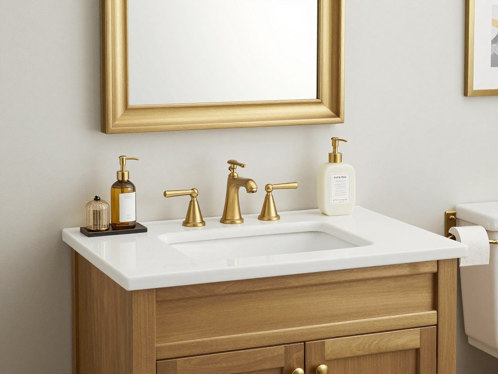 Bathroom vanity with coordinated brushed gold hardware, faucet, mirror frame, and accessories