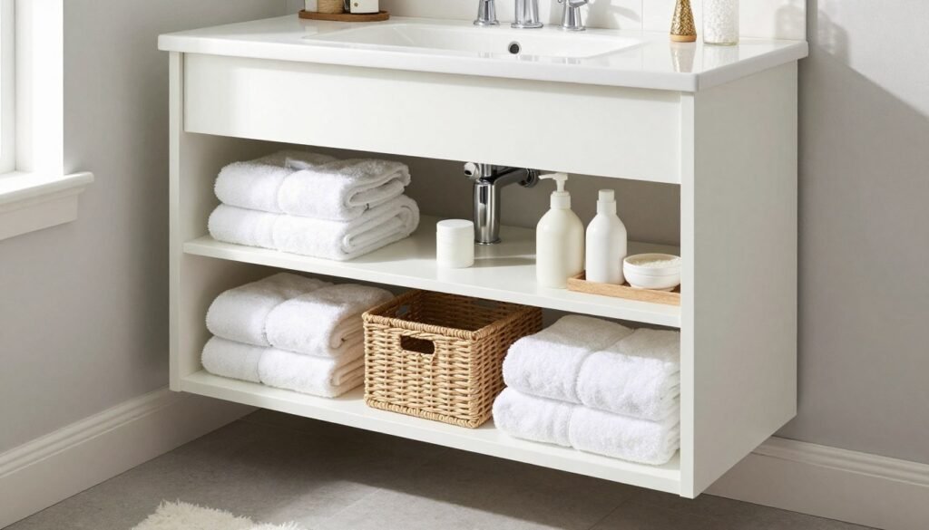 Bathroom vanity with open shelving below displaying neatly arranged towels and woven baskets