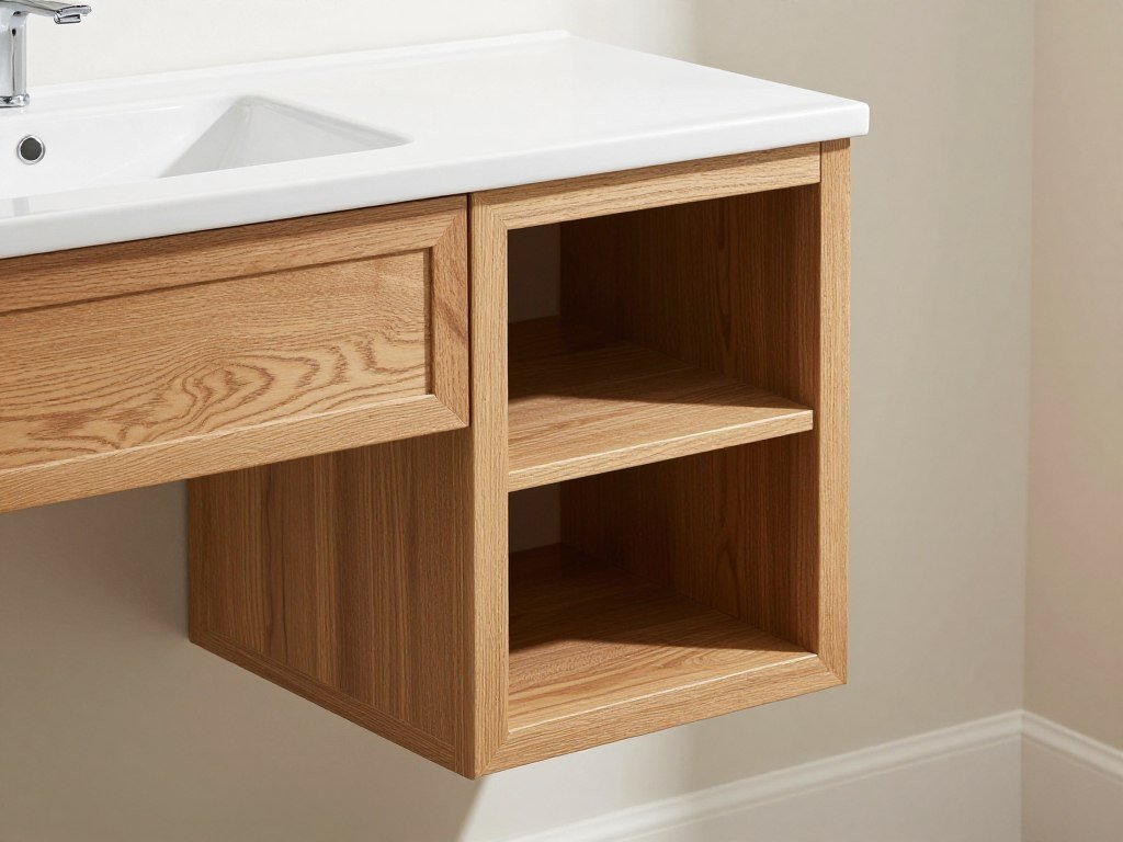 Bathroom vanity with storage tower in natural oak finish