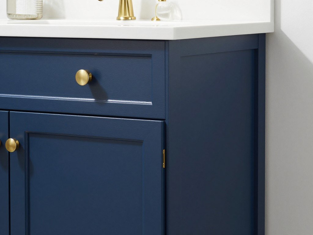 Bathroom vanity with storage tower in navy blue painted finish