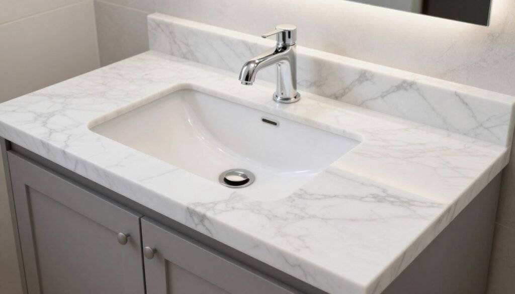 Bathroom vanity with white marble countertop showing natural veining patterns