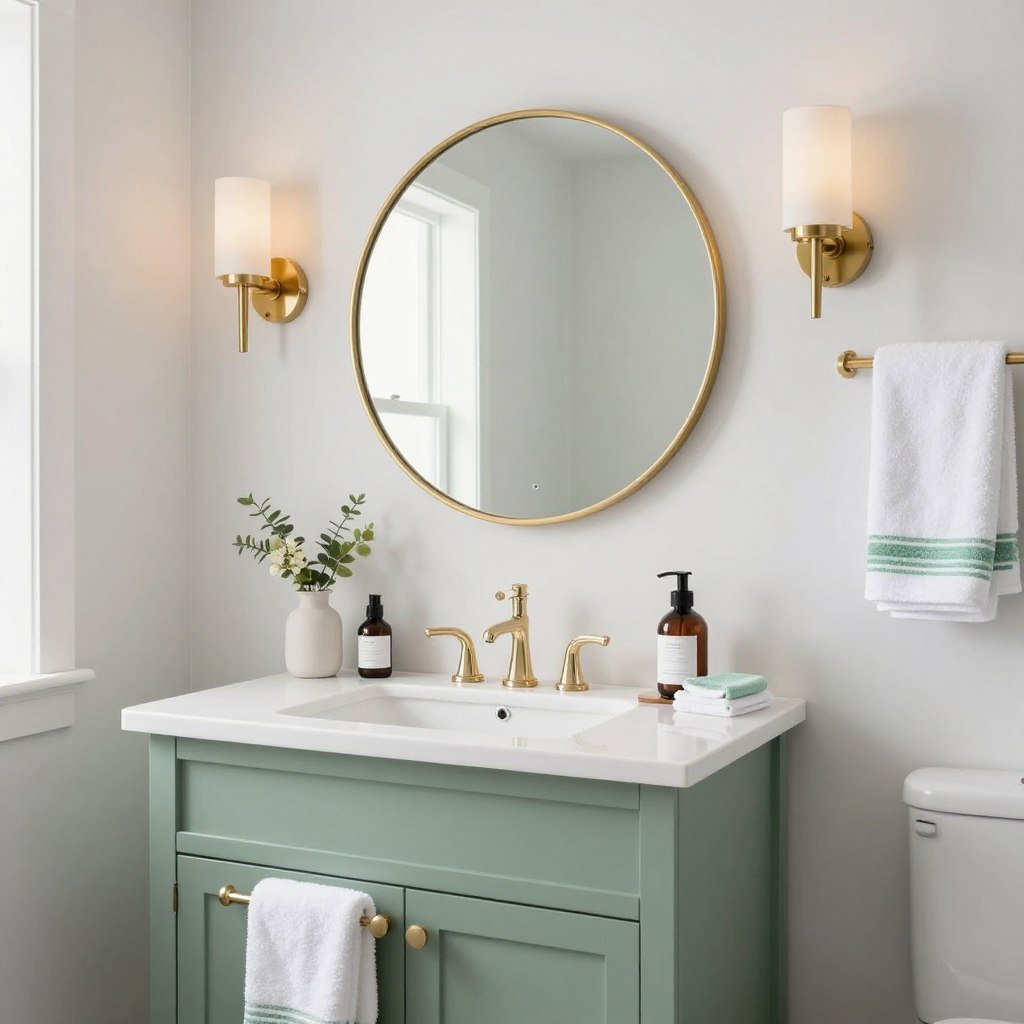 Bathroom with coordinated elements including painted vanity, mirror, and lighting