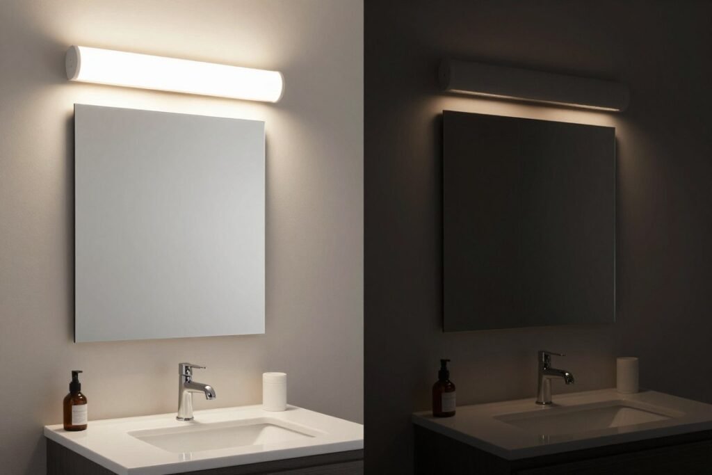 Bathroom with dimmable vanity lighting shown at different brightness levels